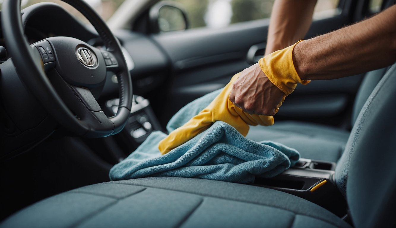 A person using a cloth and cleaning solution to remove stains from car upholstery