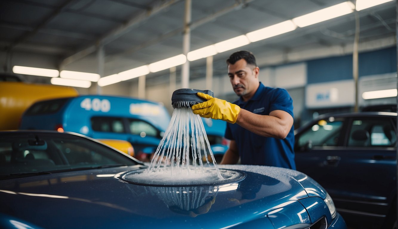 A car wash business owner activates the equipment, water, soap, and brushes to clean vehicles in a bustling, well-lit facility