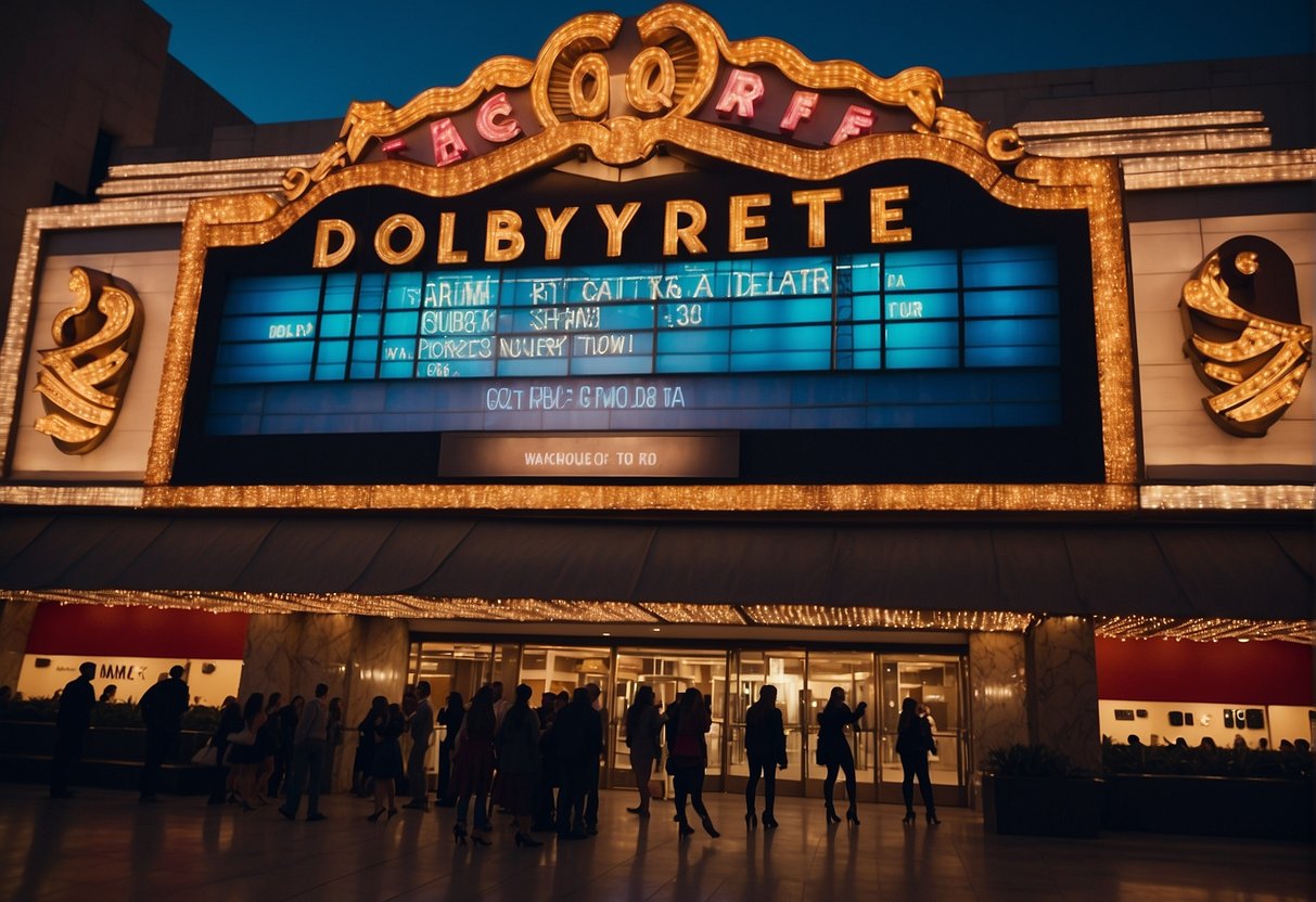 A colorful marquee sign displays "Dolby Theatre tour schedule and tickets" with vibrant lights and bold lettering