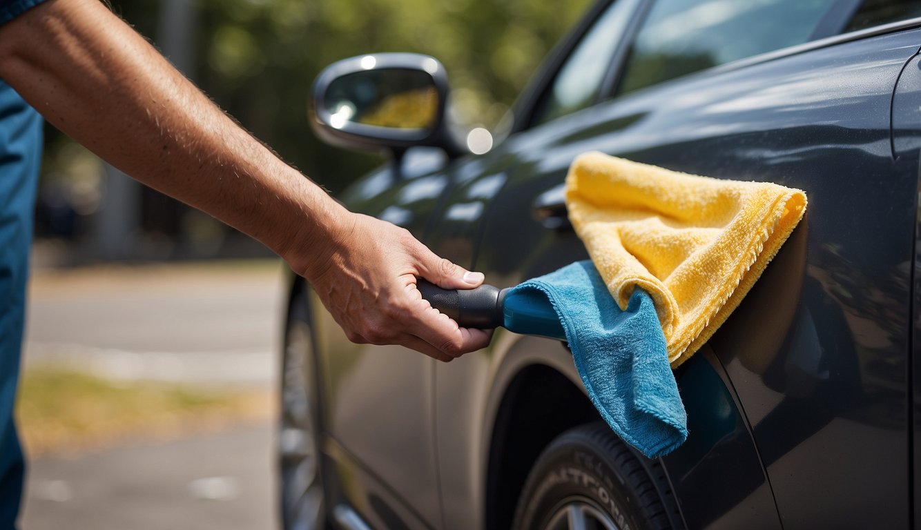 A hand holding a microfiber cloth buffing out scuff marks on a car door. A bottle of car polish and a small buffer sitting nearby
