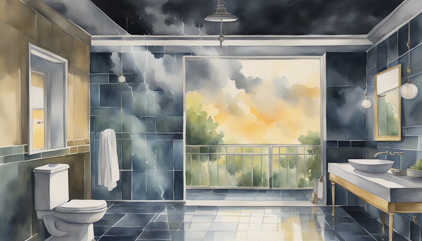 A bathroom with a running shower, dark clouds outside, and lightning striking nearby