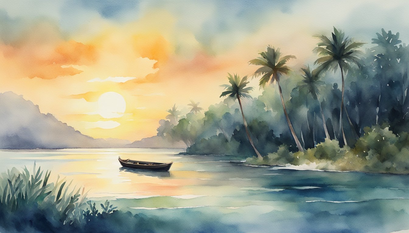 A lone boat drifts in the vast ocean, surrounded by dense jungle.</p><p>The sun sets on the horizon as ominous shadows lurk in the distance