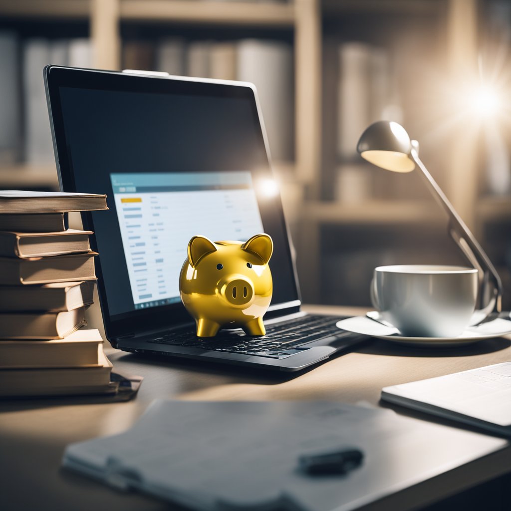 A well-organized desk with a laptop, budget planner, and books on personal finance. A piggy bank sits on the shelf, symbolizing financial prosperity