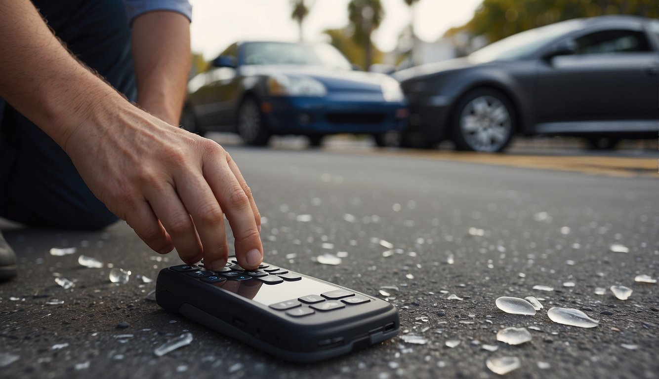 A person dialing 911 on a cell phone, while standing next to an empty parking spot with a broken car window and a shattered glass on the ground