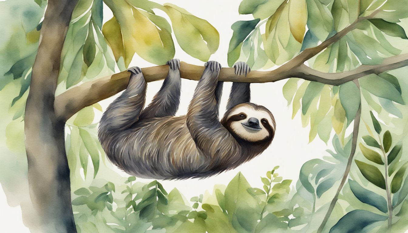 A sloth hangs upside down from a tree, blending into the foliage.</p><p>It moves slowly, conserving energy.</p><p>Its long claws grip the branch, and its fur camouflages it from predators