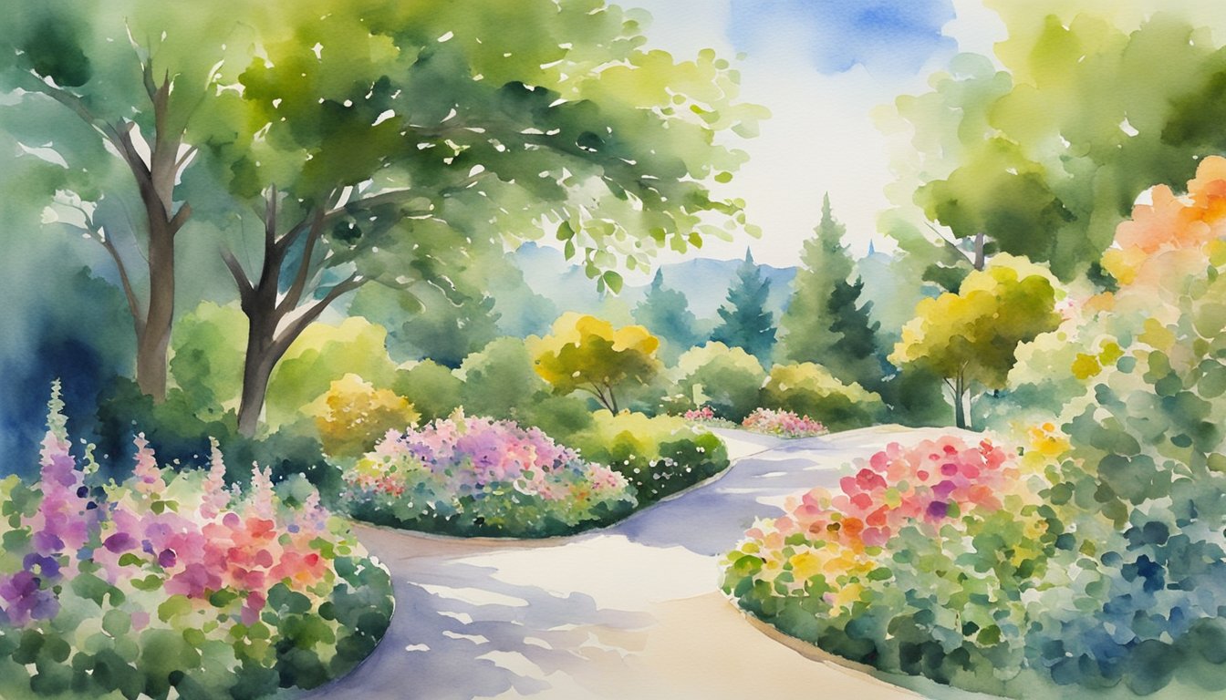 A serene park with a winding path, surrounded by lush greenery and colorful flowers.</p><p>A clear blue sky overhead, with the sun shining down on the peaceful scene