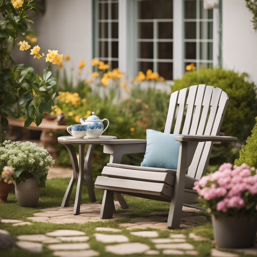 A peaceful retirement scene with a cozy home, a comfortable chair, and a beautiful garden, representing the goal of retiring with a monthly income of R$ 10,000