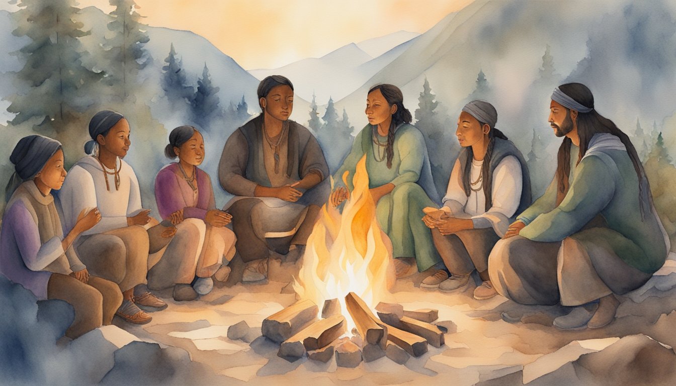 A diverse group gathers around a sacred fire, embracing traditional customs and sharing stories of their two-spirit identity