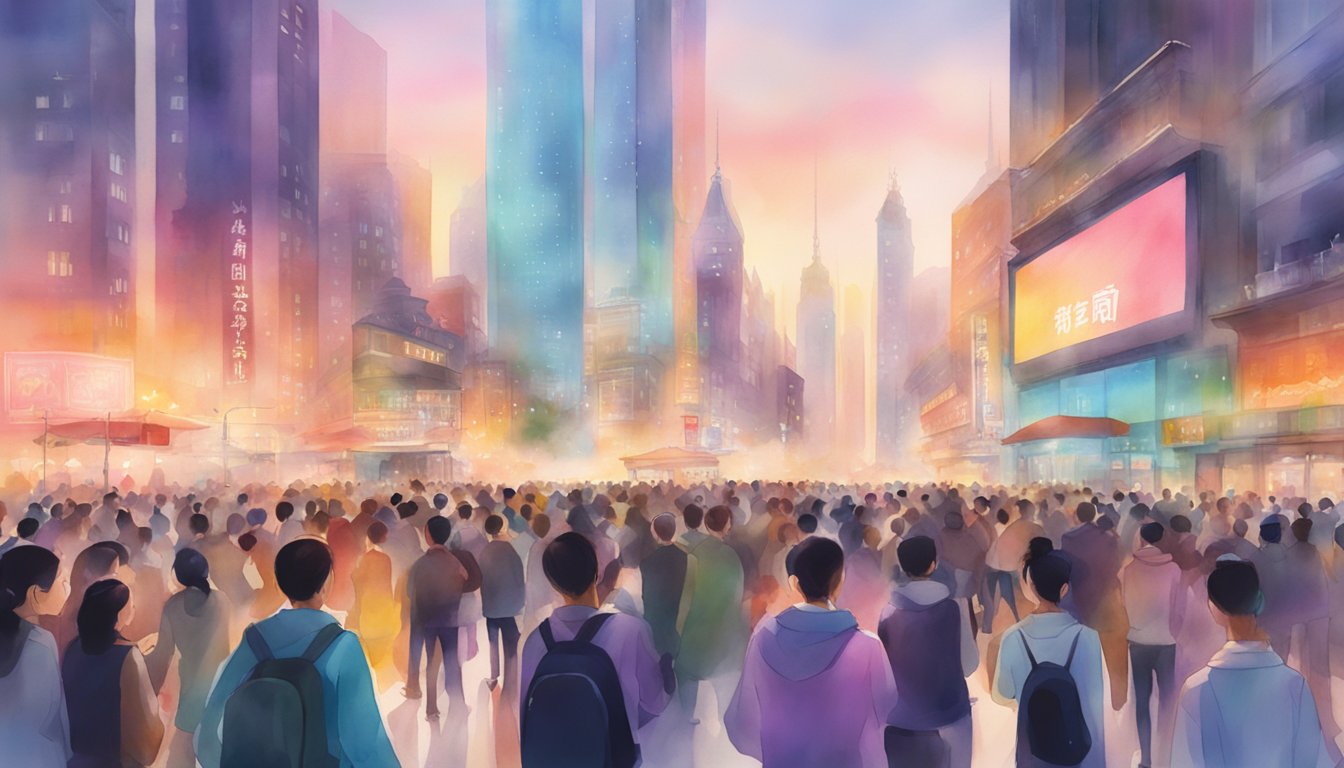 A vibrant, dynamic cityscape with Douyin logo projected on a large screen.</p><p>Crowds gather, capturing and sharing moments with their smartphones