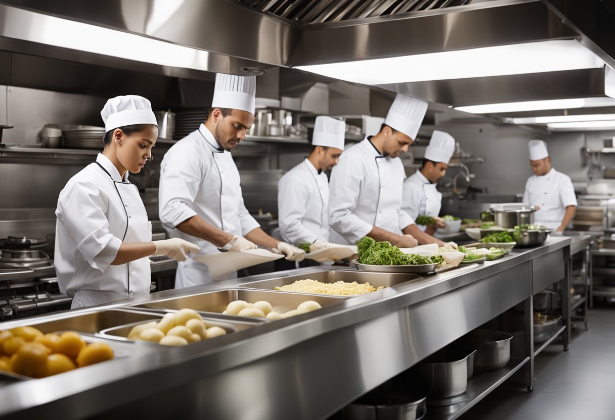 Uma cozinha movimentada com chefs preparando e testando alimentos, prateleiras repletas de ingredientes diversos e uma equipe de profissionais realizando inspeções de segurança alimentar