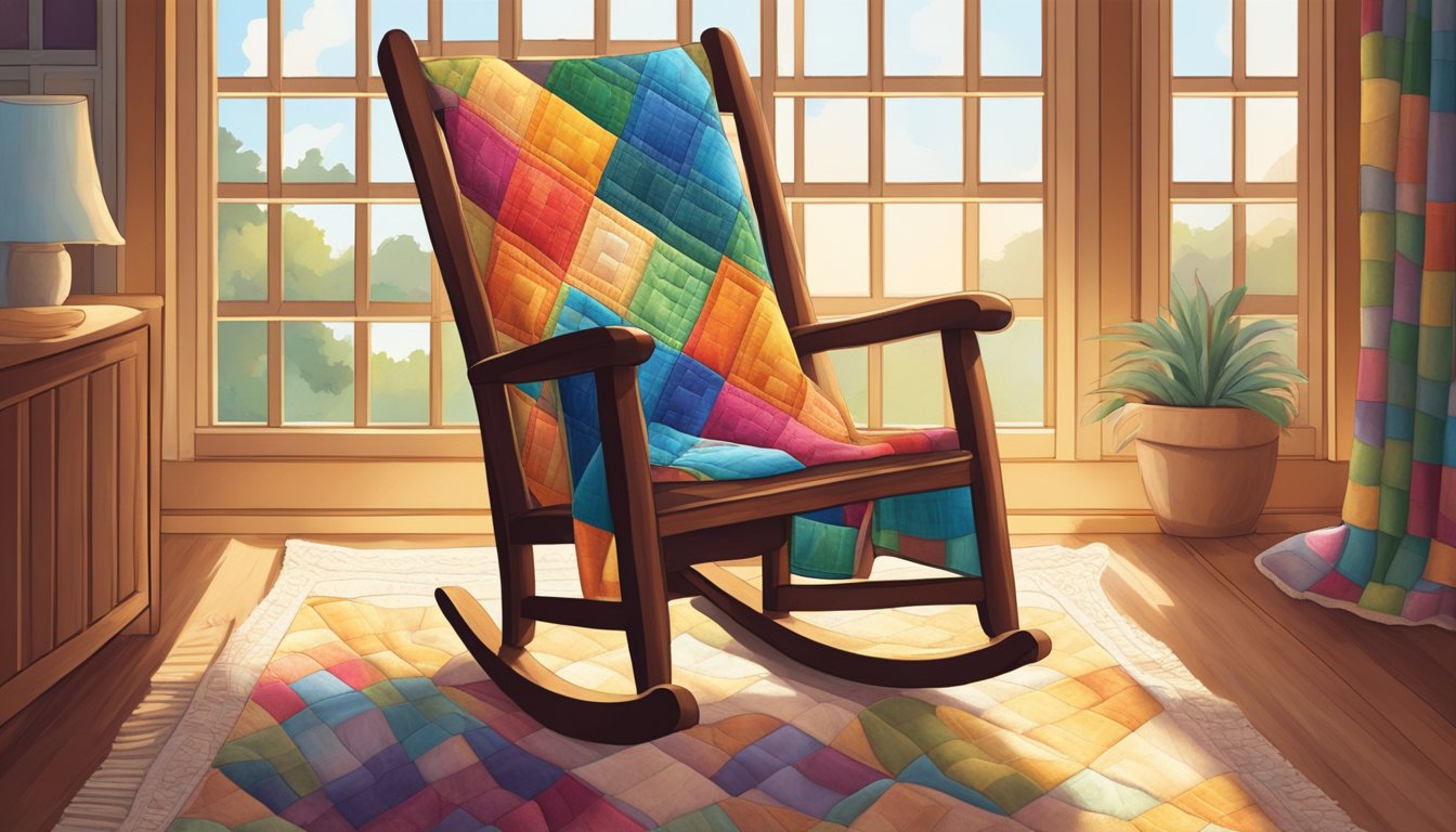 A cozy quilt drapes over a wooden rocking chair, with colorful patchwork squares and intricate stitching. Sunlight filters through a nearby window, casting a warm glow on the textured fabric