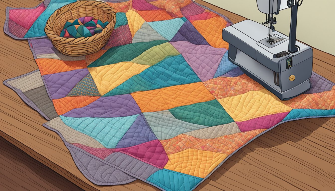 A colorful quilt laid out on a wooden table, with intricate stitching and patterns. A basket of fabric scraps sits nearby, and a sewing machine is in the background