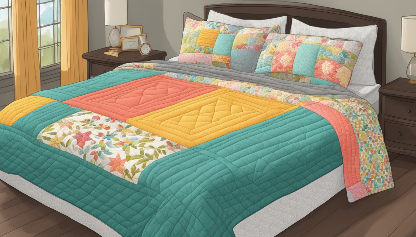 A colorful quilt laid out on a bed, with intricate stitching and patterns. A label reads "Frequently Asked Questions: What is a quilt?"