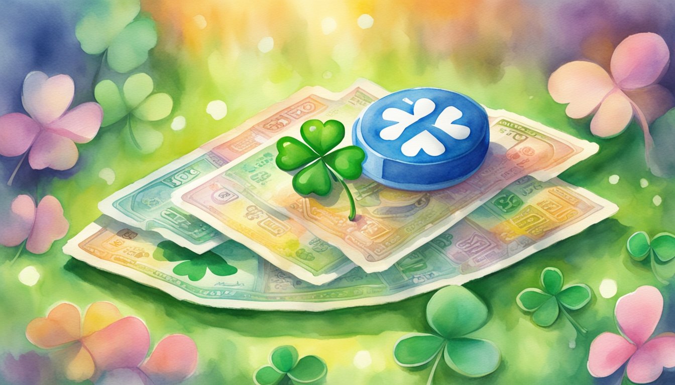 A colorful lottery ticket surrounded by four-leaf clovers, a horseshoe, and a lucky rabbit's foot.</p><p>A shining jackpot sign in the background