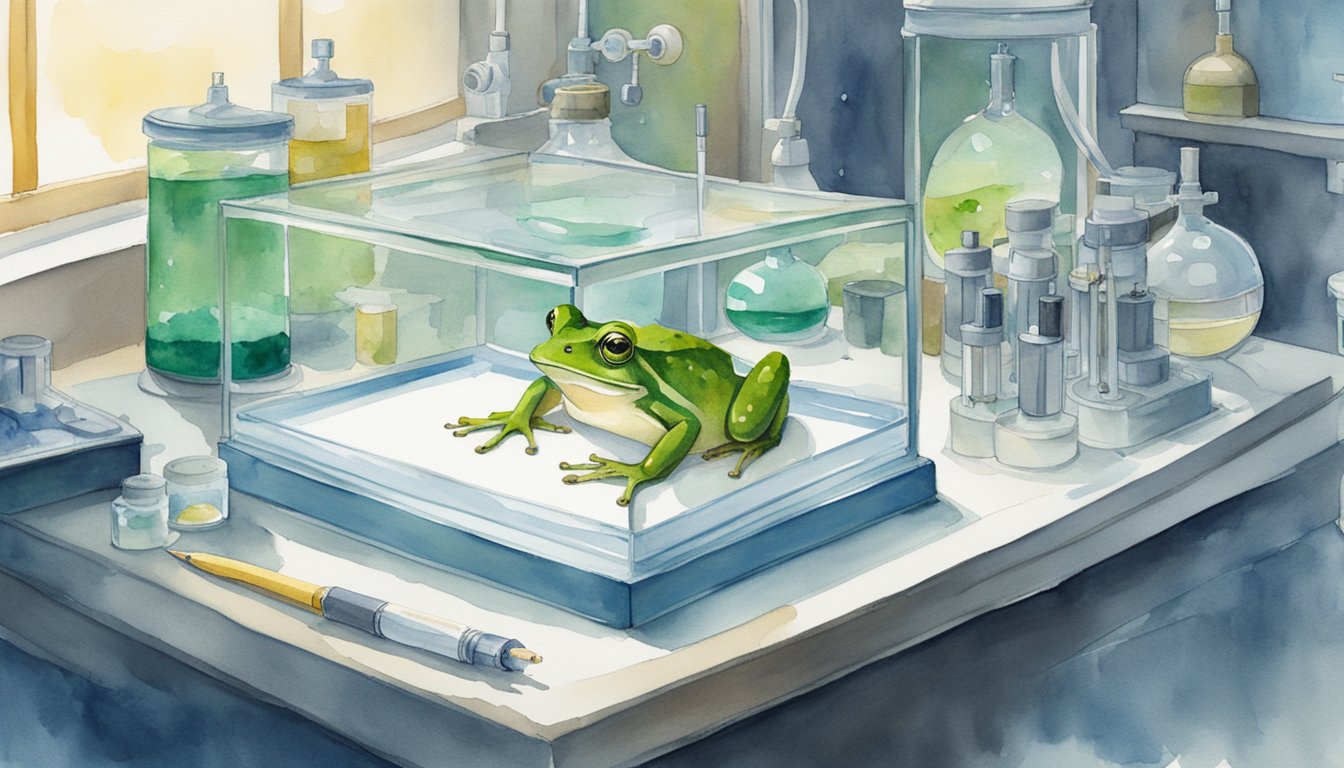 A frog sits in a glass tank, surrounded by scientific equipment.</p><p>A pregnancy test kit is placed nearby, with researchers observing and taking notes