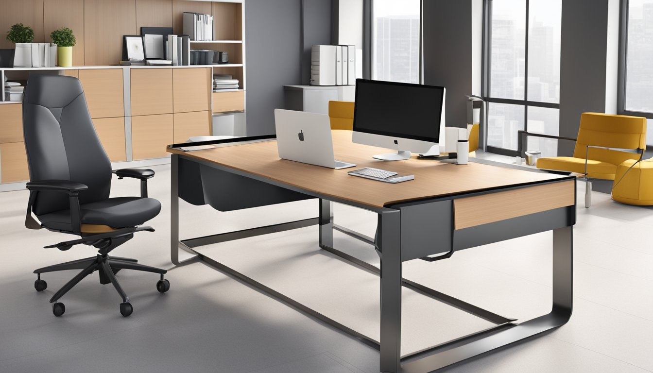 The office table is rectangular with a smooth, polished surface. The chair is ergonomic with a high back and adjustable height. Both are made of sleek, modern materials