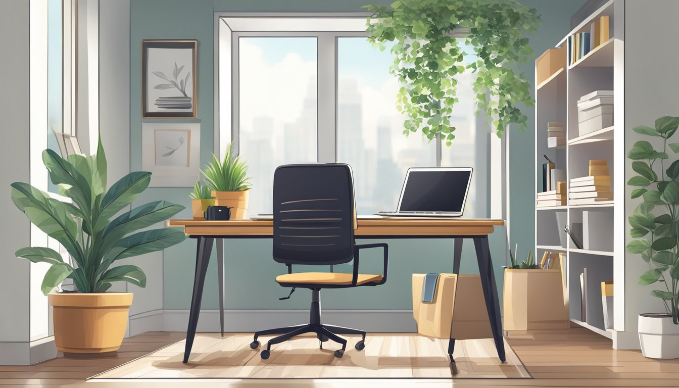 A clutter-free office desk with a laptop, notebook, and pen. A comfortable chair with adjustable features. Well-lit space with a plant for a touch of nature