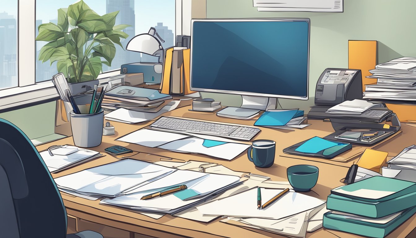 A cluttered office table with a stack of papers, a computer, and a pen holder. A comfortable chair sits beside the table