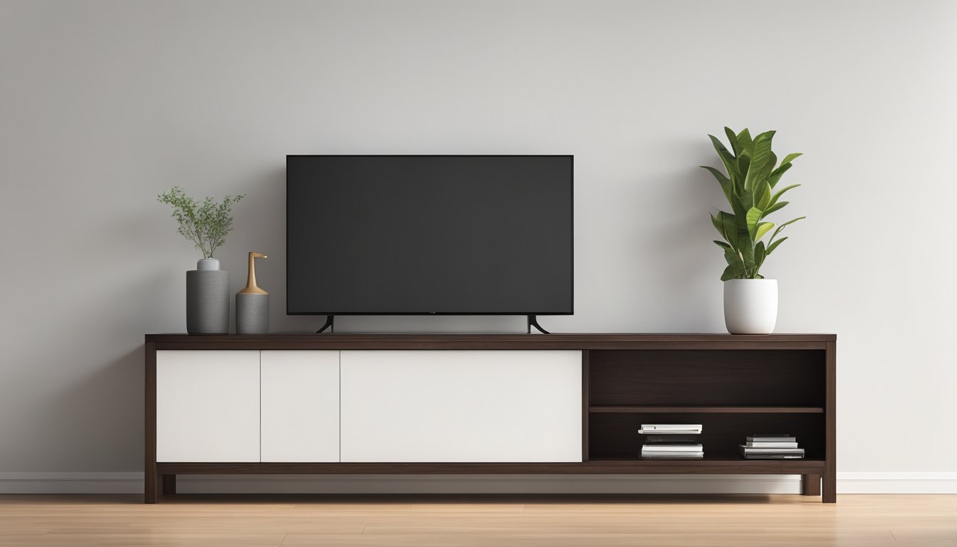 A solid wood TV console stands against a white wall, with a sleek, minimalist design and clean lines. The console features a dark, rich wood finish, and has open shelves or drawers for storage