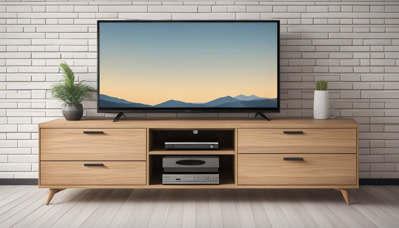 A solid wood TV console stands against a white brick wall, with clean lines and a minimalist design. The wood has a natural finish, showcasing the beauty of the grain