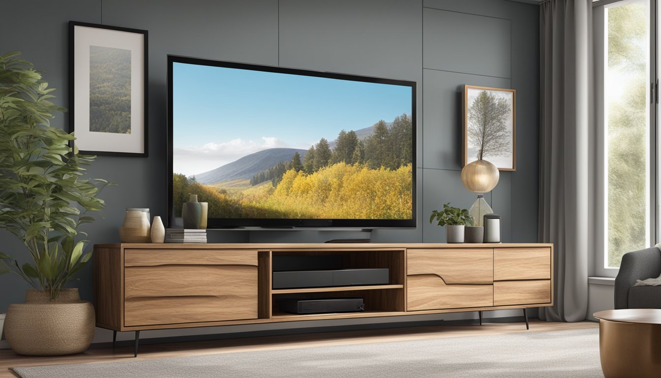 A solid wood TV console stands against a clean, modern backdrop, showcasing its practical design and functionality