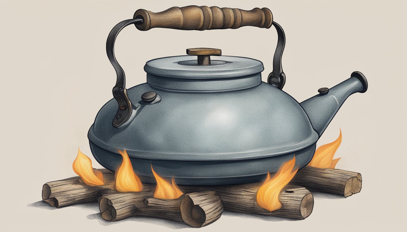 Odette kettle sits atop a crackling campfire, steam rising from its spout. The handle is worn from years of use, and the surface is speckled with soot