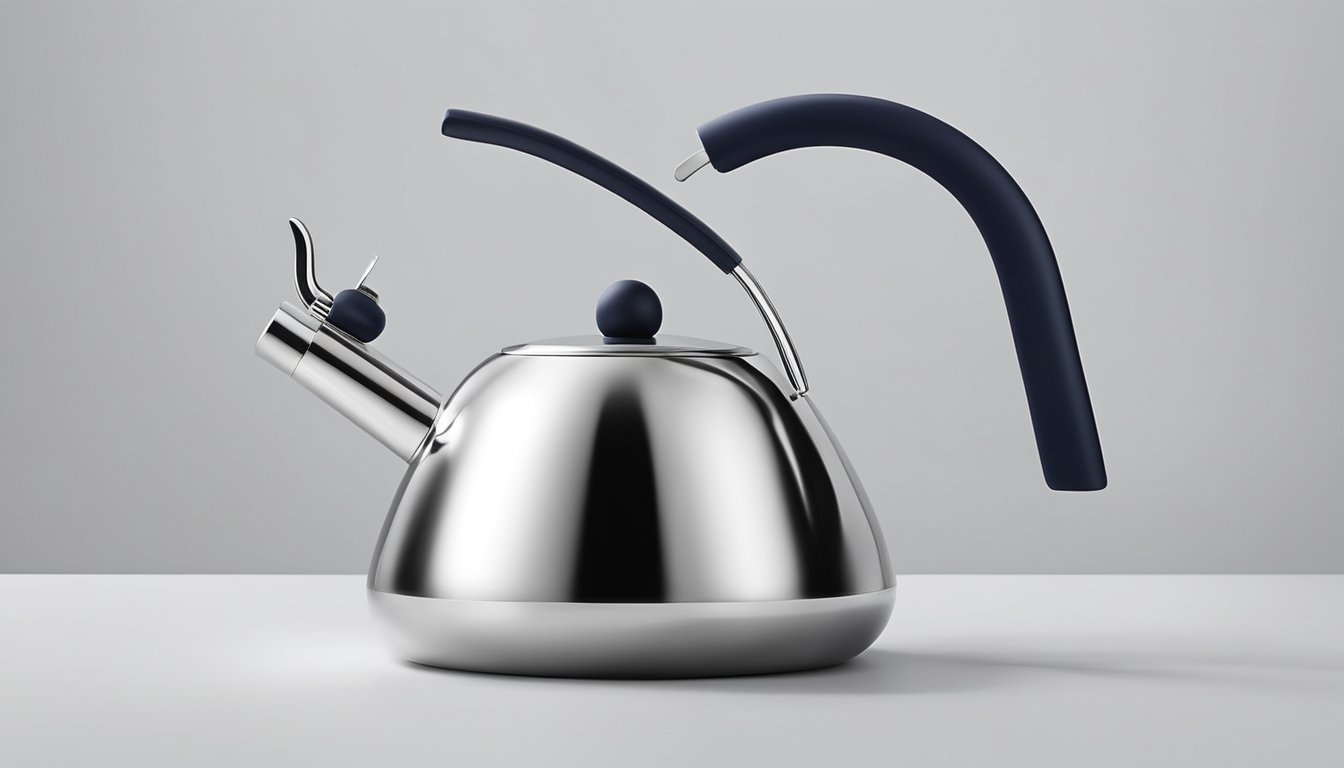 The Odette kettle features a sleek, modern design with a curved handle and a wide, spout. The body is made of stainless steel and is accented with a contrasting color on the handle