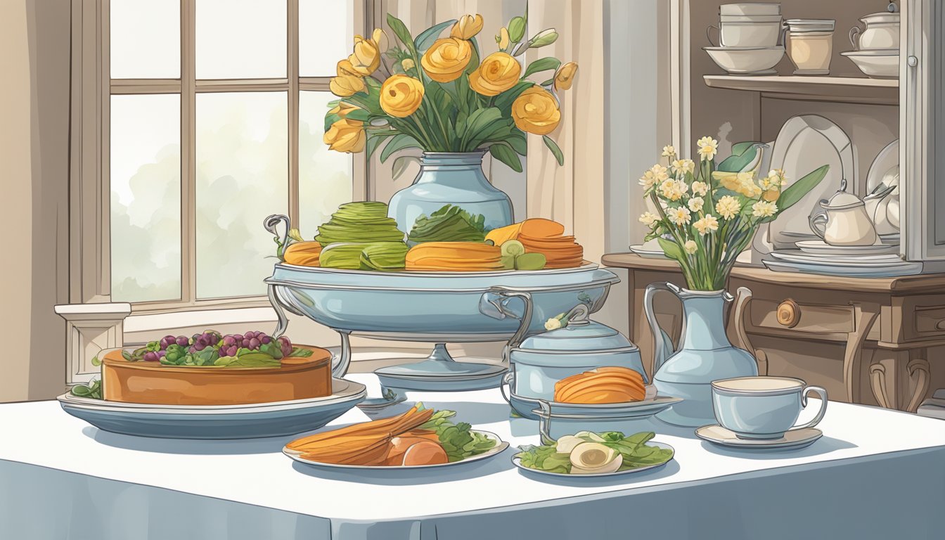 A sideboard buffet with stacked dishes, a vase of flowers, and a tablecloth