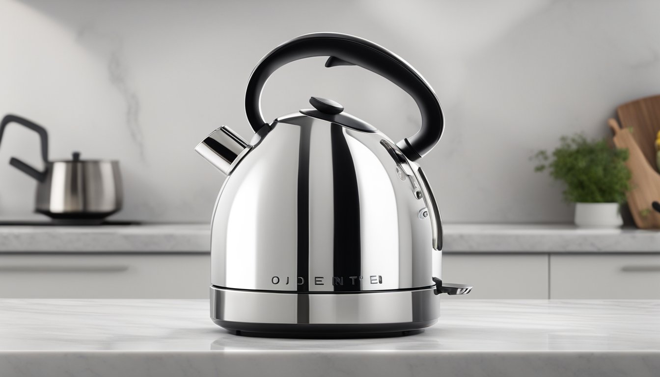 The Odette kettle sits on a clean, marble countertop, with a sleek stainless steel body and a black handle. Steam rises from its spout, indicating that it is in use