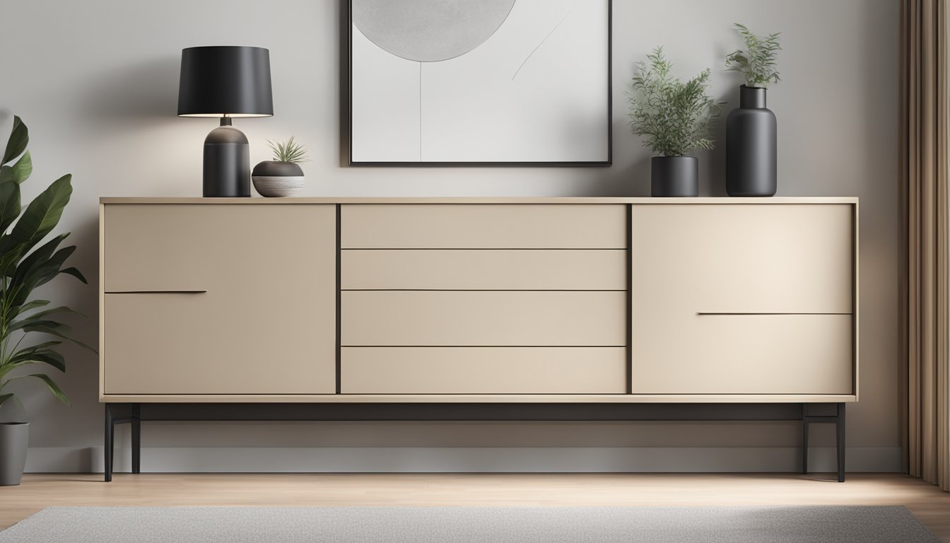 A sleek sideboard buffet with clean lines and minimalist design, featuring a combination of wood and metal elements, and a neutral color palette