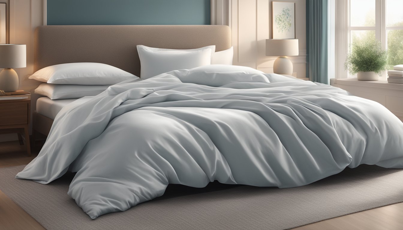 A neatly folded cotton bedsheet lies on a bed, surrounded by fluffy pillows and a cozy blanket. The fabric is smooth and crisp, with a subtle sheen that catches the light