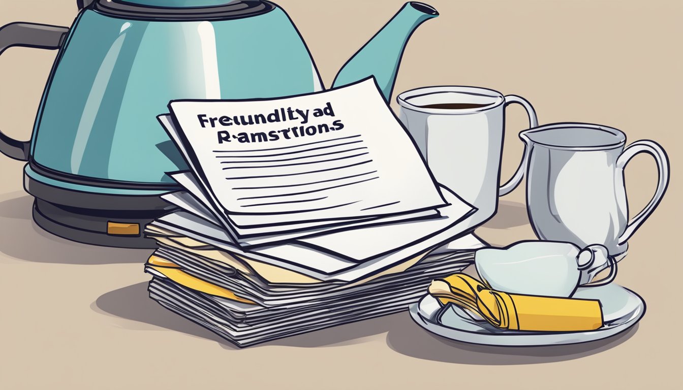 A stack of papers with "Frequently Asked Questions" written on top, next to a kettle