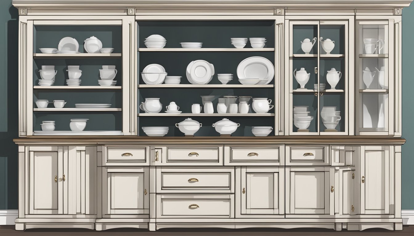 A sideboard buffet stands against a wall, displaying dishes and servingware. It features drawers and shelves for storage, with decorative details along the top and sides