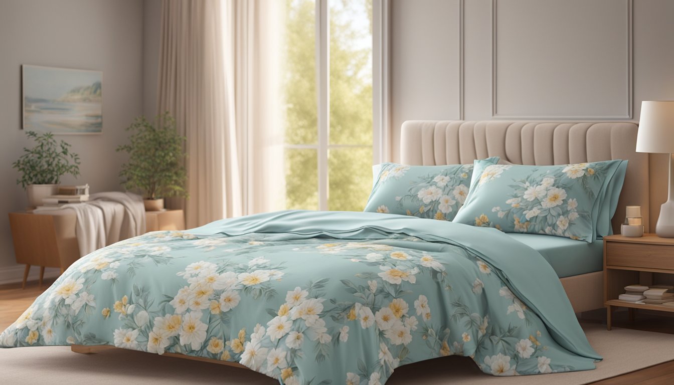 A neatly folded, soft cotton bedsheet with a delicate floral pattern, surrounded by a warm, cozy bedroom setting