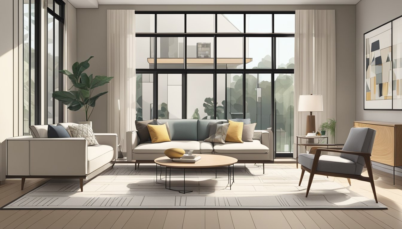 A modern living room with clean lines, neutral colors, and minimalistic furniture. Large windows let in natural light, and geometric patterns adorn the walls and textiles