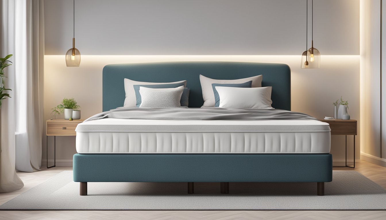 A bonnell spring mattress lies on a sleek bed frame, with crisp white sheets and a plump pillow, inviting relaxation and comfort