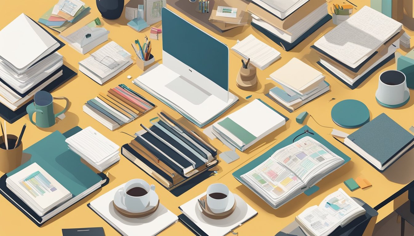 A cluttered desk with various design books, mood boards, and color swatches scattered around. Different design styles are represented through the mix of modern, vintage, and minimalist elements