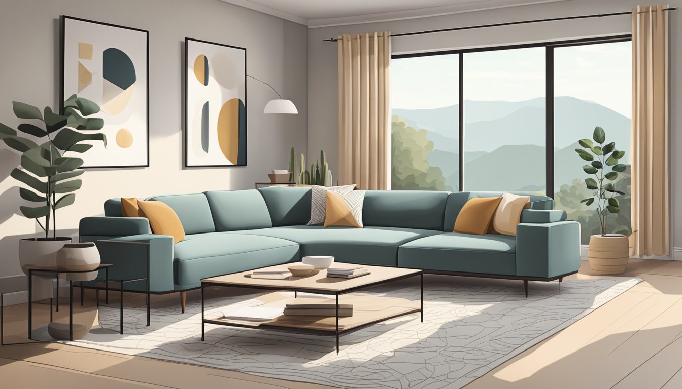 A modern living room with clean lines, minimalistic furniture, and neutral color palette. A large window lets in natural light, and there are geometric patterns on the rug and throw pillows