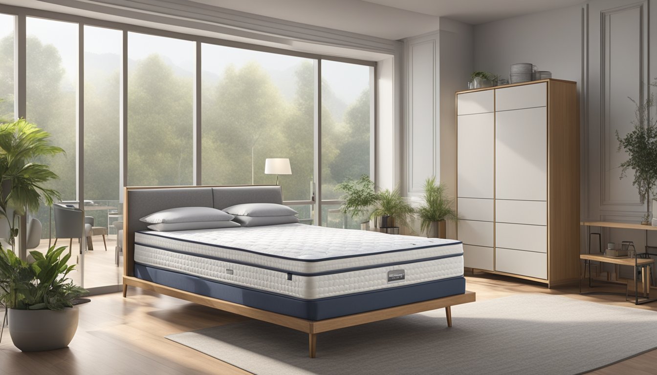 A bonnell spring mattress stands in a well-lit showroom, surrounded by various bedding options. The mattress is firm and supportive, with visible coils and a comfortable top layer