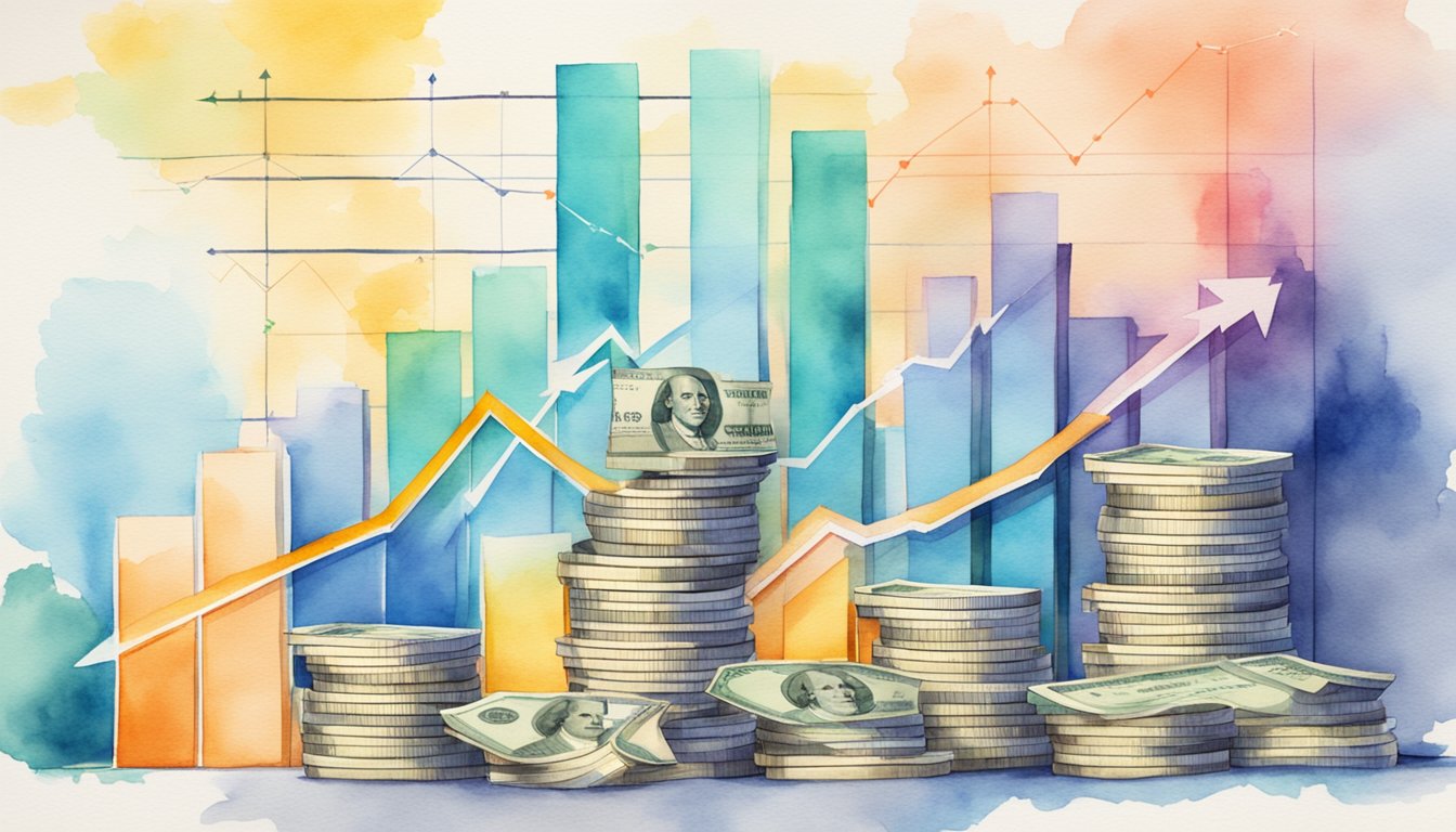 A stack of cash surrounded by financial charts and graphs, with upward trending lines and arrows, symbolizing market trends and financial considerations