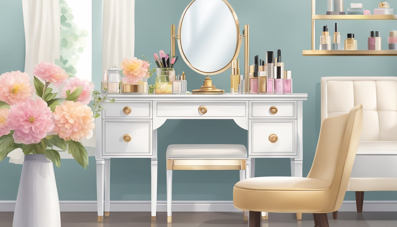 A small dressing table in Singapore with a mirror, makeup products, and a delicate vase of flowers