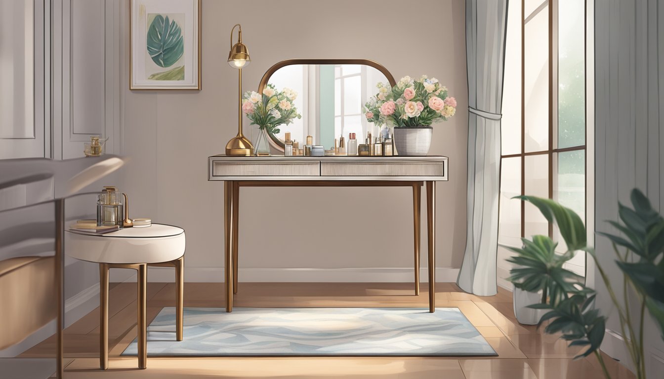 A small dressing table in a Singaporean home, adorned with delicate trinkets and a mirror reflecting the room's ambiance