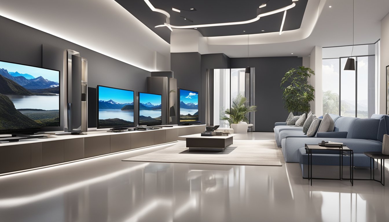 Several TV consoles displayed for sale in a spacious showroom. Bright lighting highlights the sleek designs and various sizes of the consoles