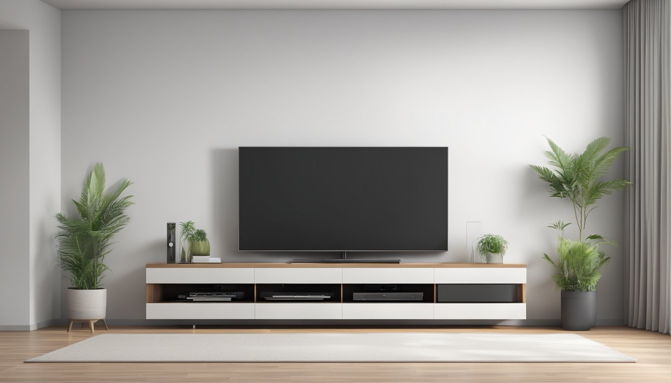 A sleek, modern TV console stands against a white wall, with shelves for electronics and a wide surface for a large flat-screen TV