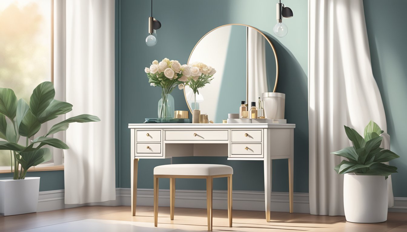 A small dressing table in a well-lit room with a mirror, drawers, and a sleek design