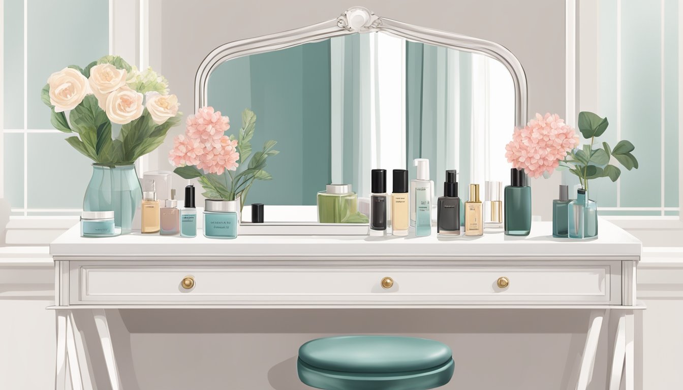 A small dressing table in Singapore, with a mirror, a few beauty products, and a delicate vase of flowers