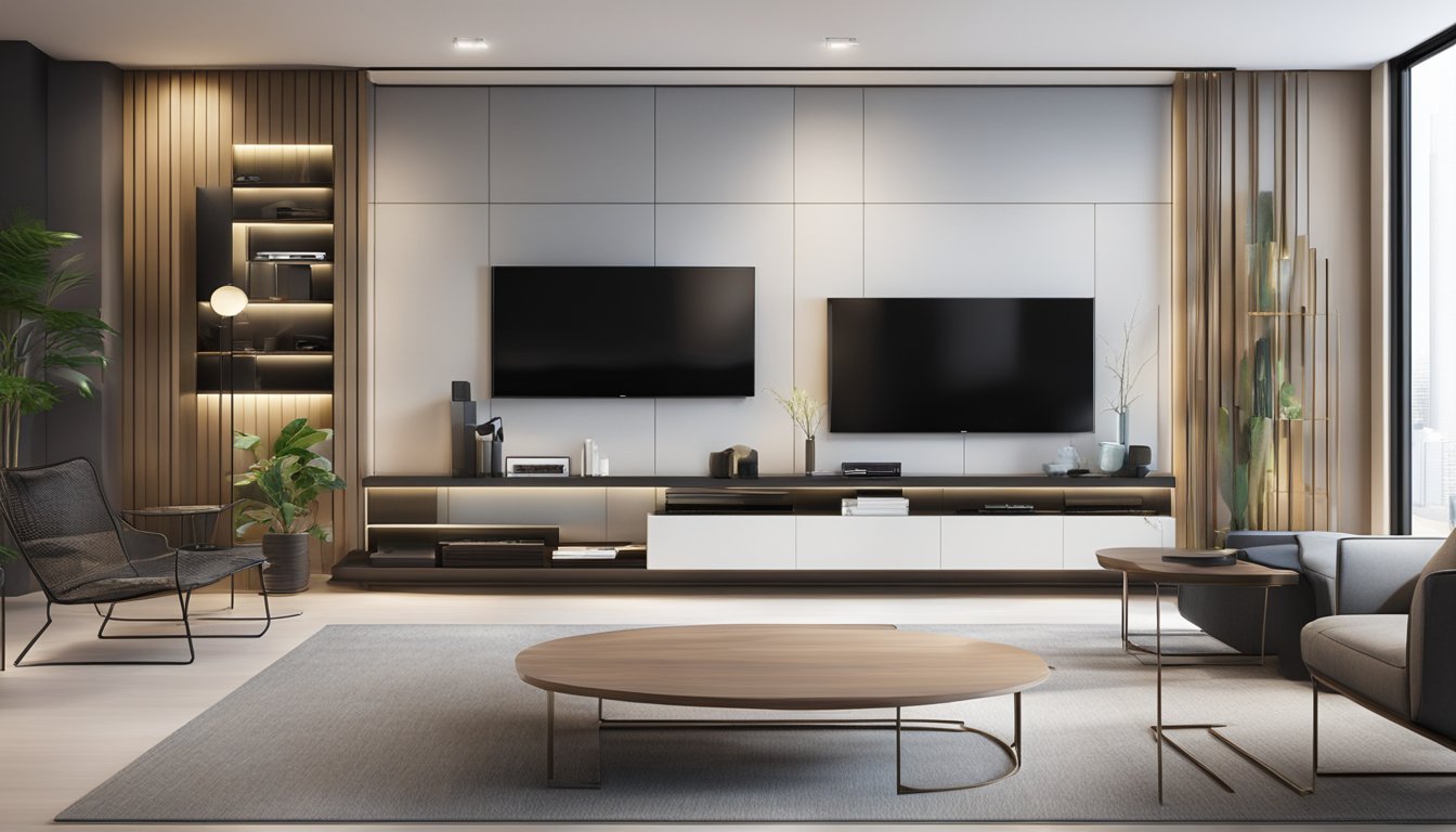 A modern furniture store in Singapore displays a variety of sleek TV consoles for sale. Bright lighting and clean lines create a contemporary atmosphere