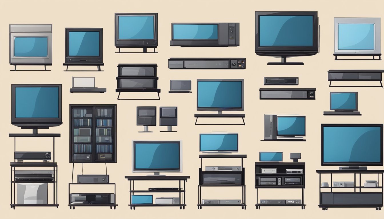 A variety of TV consoles are displayed for sale with price tags and product descriptions. Customers browse and compare options