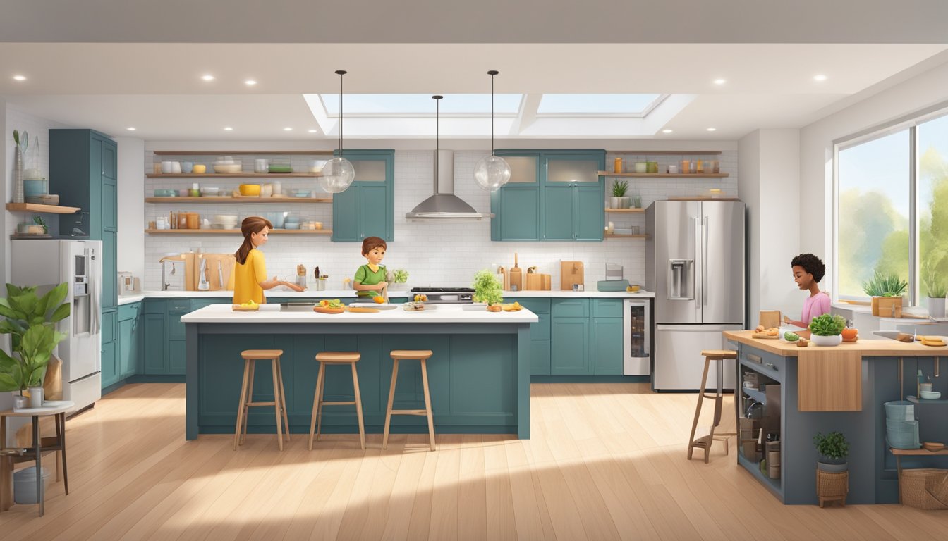 A family stands in a bright, spacious kitchen, surrounded by a variety of modern appliances. The parents are discussing with a salesperson, while the children eagerly explore the different options on display