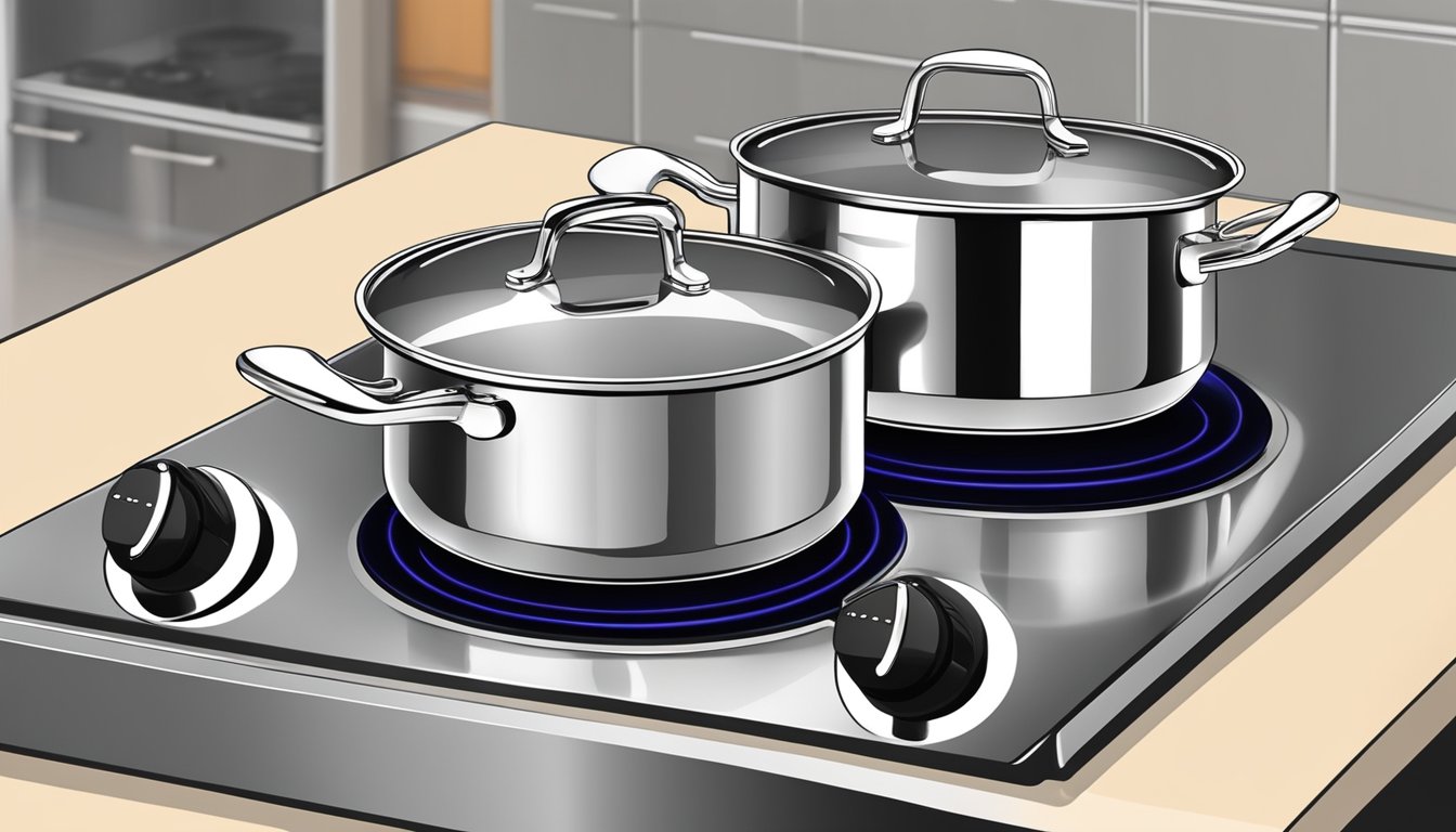 A stainless steel induction pot sits on a modern kitchen stove in Singapore. The pot is heating up as it prepares to cook a delicious meal